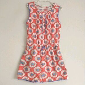 Mini Boden Romper Shorts Girls7-8Y Red Floral Retro Pom Pom Sleeveless Pintuck